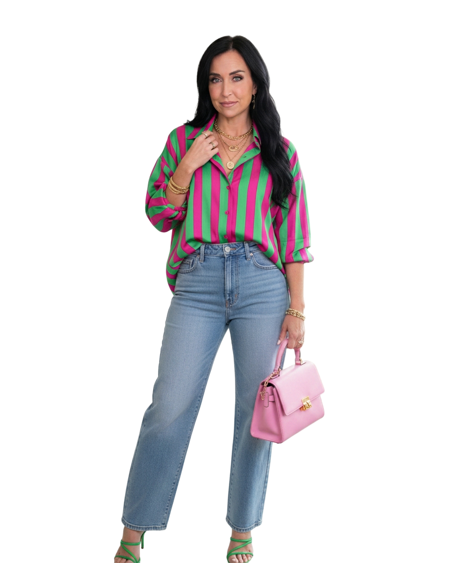 Madison in a pink and green striped shirt with a pink handbag